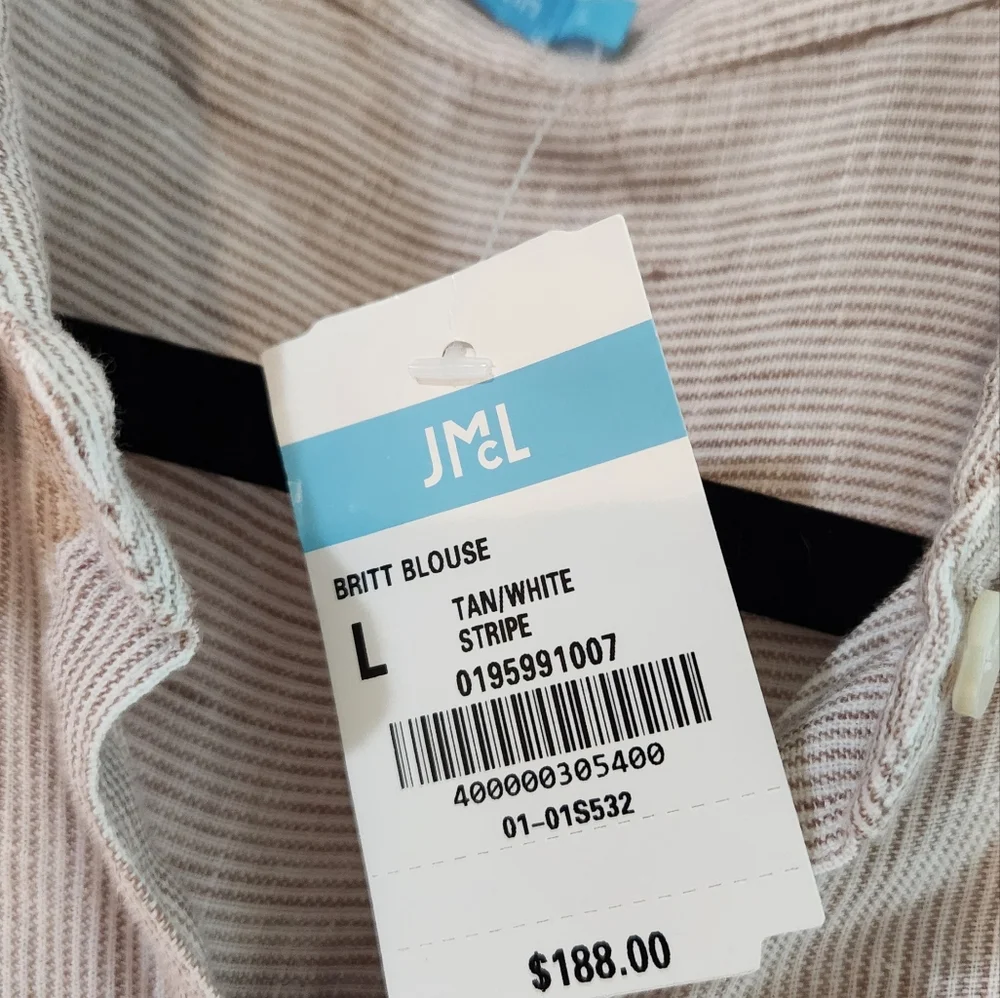 J.McLaughlin tan/white striped, large, Britt Linen Shirt - Picture 3 of 11